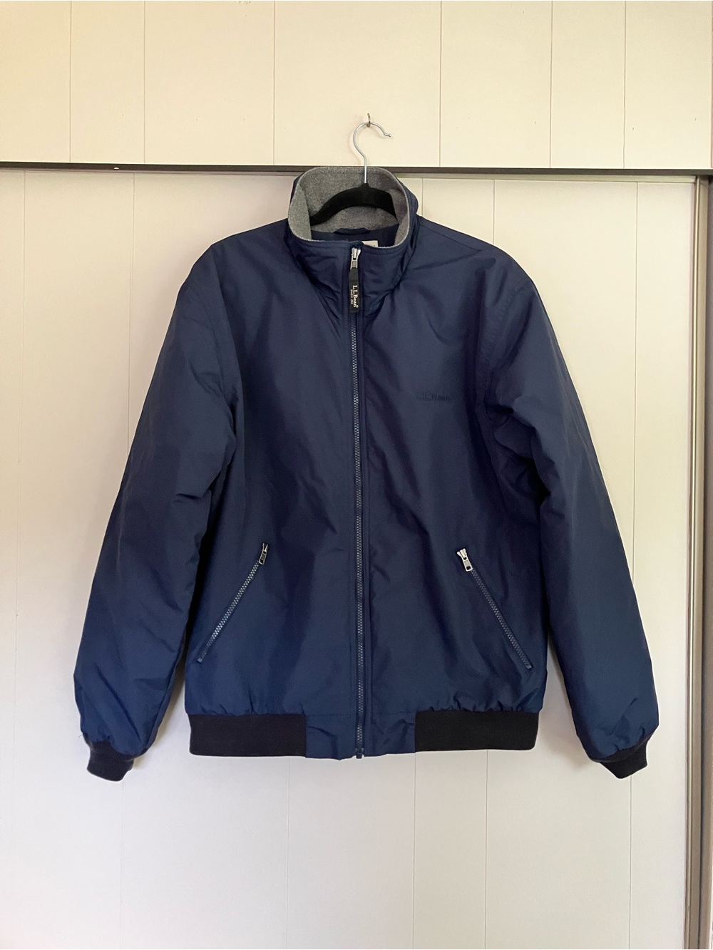 L.L. Bean Navy Blue Fleece Lined Warm Up Bomber Jacket Full Zip Pockets
